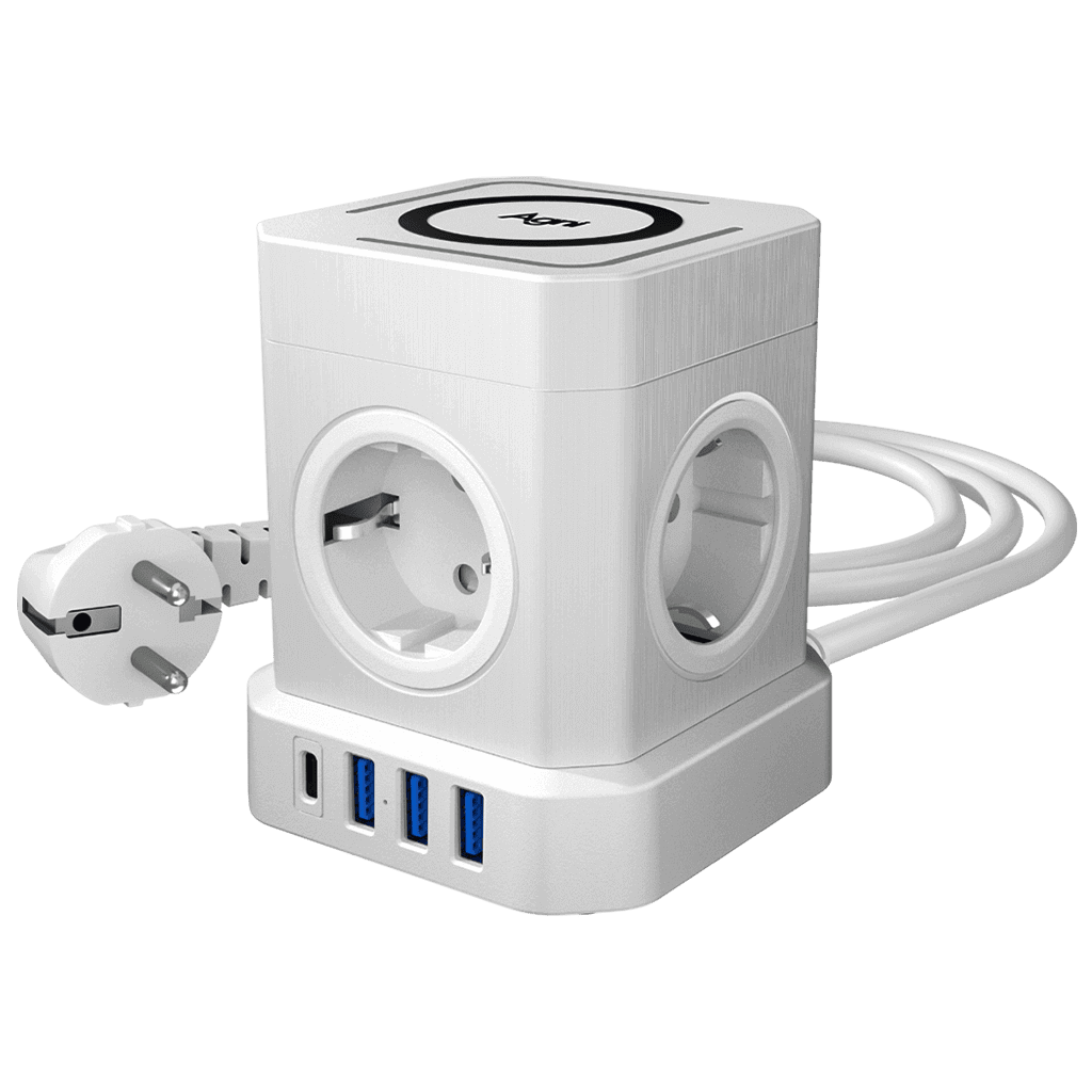 Сетевой фильтр башня 4 розетки, 2 метра, 3 USB + 1 Type-C 20 Вт, беспроводная зарядка, белый TP-VE4U5E-C-W