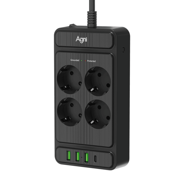 Сетевой фильтр плоский 4 розетки, 5 метров, 3 USB + 1 Type-C 20 Вт, чёрный TP-FS4U4E-PD