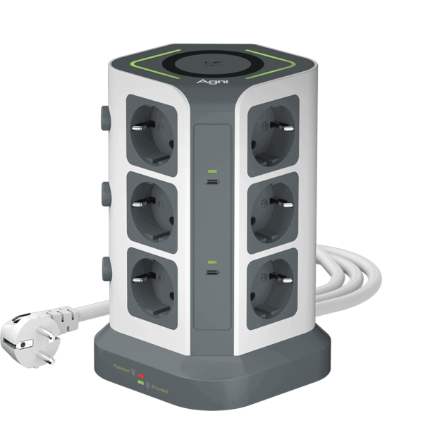 Сетевой фильтр башня 12 розеток, 2 метра, 3 USB + 2 Type-C 65 Вт, GaN, беспроводная зарядка, белый серый TP-VG6U12E-C-W