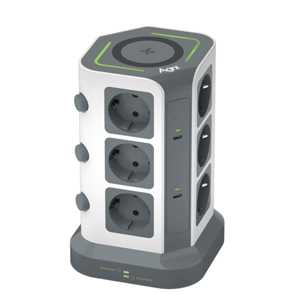 Сетевой фильтр башня 12 розеток, 2 метра, 3 USB + 2 Type-C 65 Вт, GaN, беспроводная зарядка, белый серый TP-VG6U12E-C-W