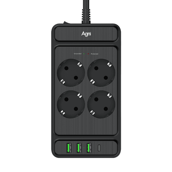 Сетевой фильтр плоский 4 розетки, 5 метров, 3 USB + 1 Type-C 20 Вт, чёрный TP-FS4U4E-PD