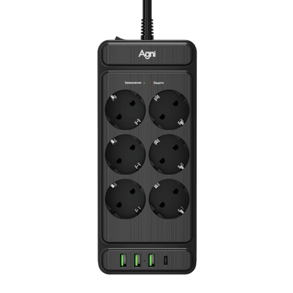 Сетевой фильтр плоский 6 розеток, 5 метров, 3 USB + 1 Type-C 20 Вт, чёрный TP-FS4U6E-C