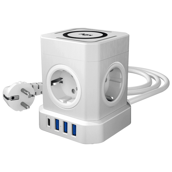 Сетевой фильтр башня 4 розетки, 2 метра, 3 USB + 1 Type-C 20 Вт, беспроводная зарядка, белый TP-VE4U5E-C-W