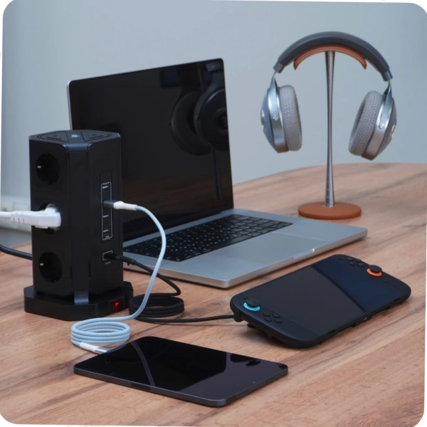 Сетевой фильтр башня 9 розеток, 2 метра, 4 USB + 1 Type-C 65 Вт, чёрный TP-VD5U9E-C