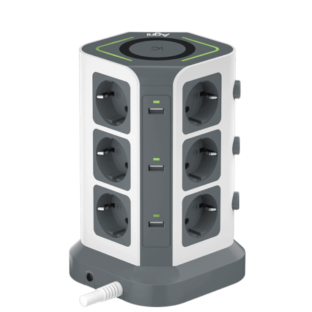 Сетевой фильтр башня 12 розеток, 2 метра, 3 USB + 2 Type-C 65 Вт, GaN, беспроводная зарядка, белый серый TP-VG6U12E-C-W