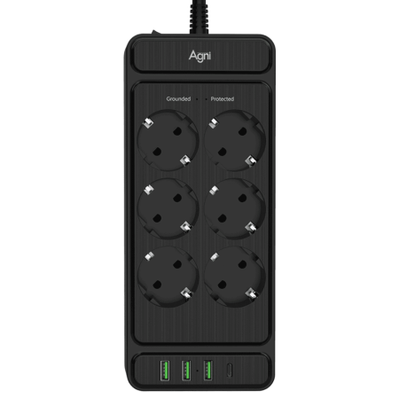 Сетевой фильтр плоский 6 розеток, 5 метров, 3 USB + 1 Type-C 20 Вт, чёрный TP-FS4U6E-C