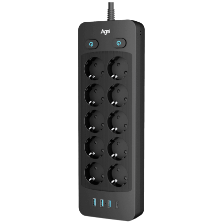 Сетевой фильтр плоский с 2 выключателями 10 розеток, 3 метра, 3 USB + Type-C 20 Вт, чёрный TP-FO4U10E-C