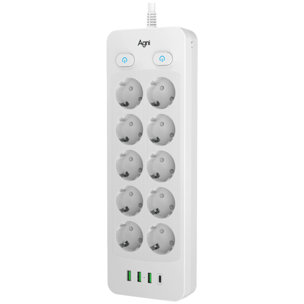 Сетевой фильтр плоский с 2 выключателями 10 розеток, 2 метра, 3 USB + Type-C 20 Вт, белый TP-FO4U10E-C
