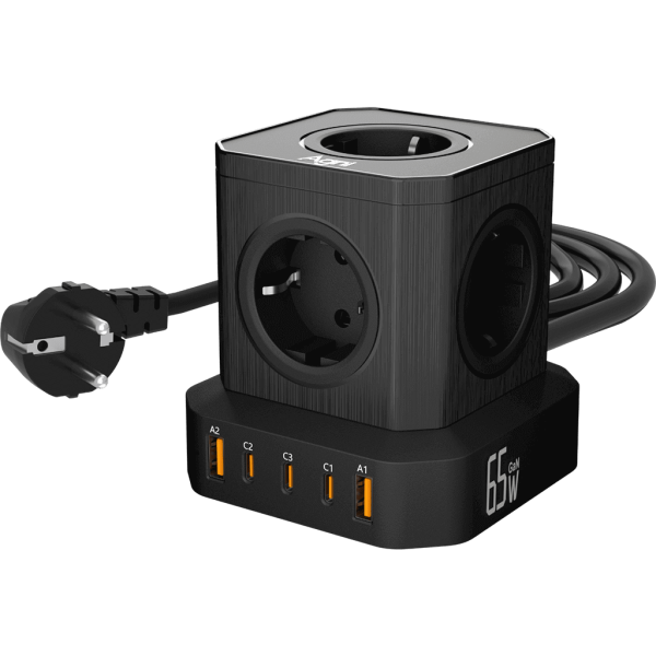 Сетевой фильтр башня 5 розеток, 2 метра, GaN зарядка, 2 USB +3 Type-C 65 Вт, чёрный TP-VE5U5E-С