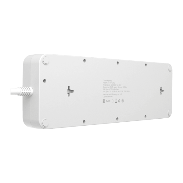 Сетевой фильтр плоский с 2 выключателями 10 розеток, 2 метра, 3 USB + Type-C 20 Вт, белый TP-FO4U10E-C