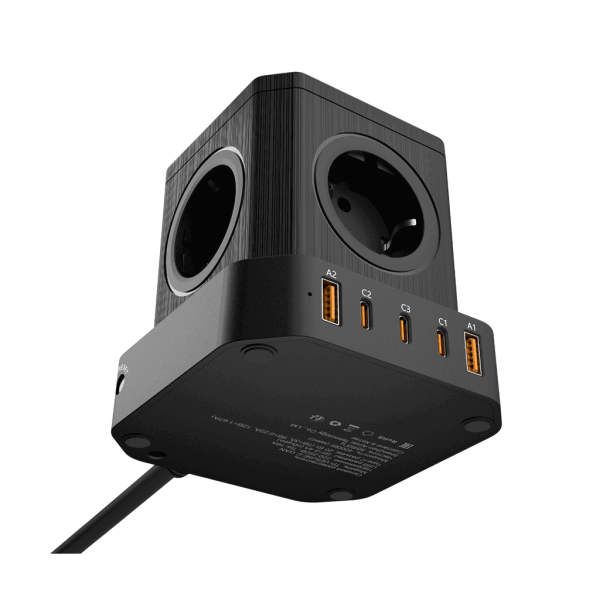 Сетевой фильтр башня 5 розеток, 2 метра, GaN зарядка, 2 USB +3 Type-C 65 Вт, чёрный TP-VE5U5E-С