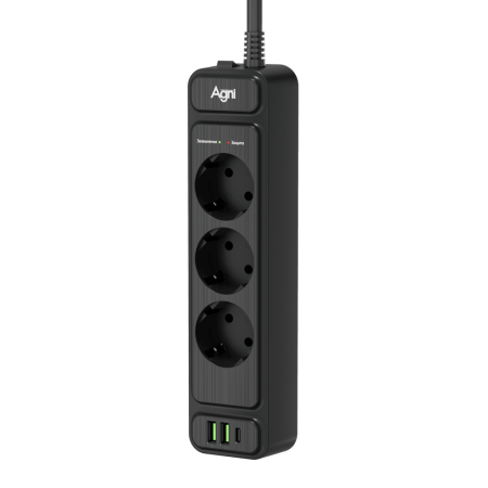 Сетевой фильтр плоский 3 розетки, 2 метра, 2 USB + 1 Type-C 20 Вт, чёрный TP-FS3U3E-PD