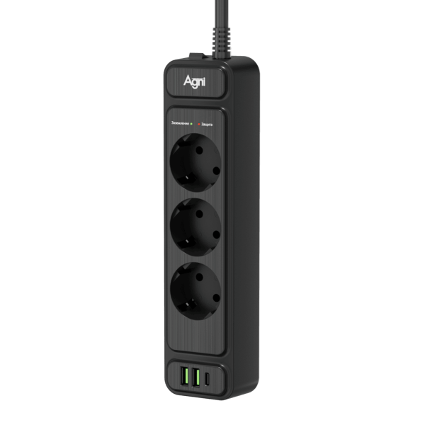 Сетевой фильтр плоский 3 розетки, 2 метра, 2 USB + 1 Type-C 20 Вт, чёрный TP-FS3U3E-PD