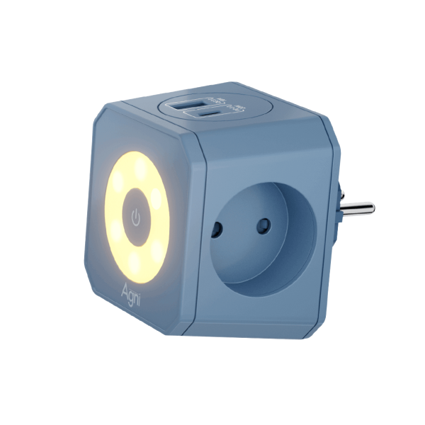 Разветвитель на 3 розетки, ночник, 1 USB 18 Вт + 1 Type-C 20 Вт, синий TP-WJ2U3E-L