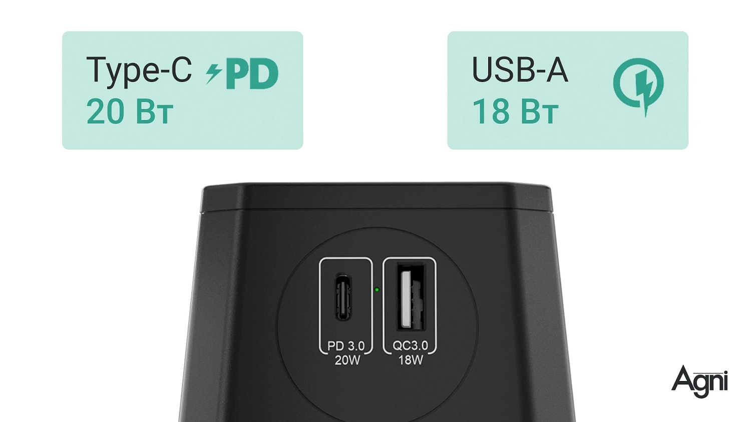 Разветвитель на 3 розетки, ночник, 1 USB 18 Вт + 1 Type-C 20 Вт, чёрный TP-WJ2U3E-L