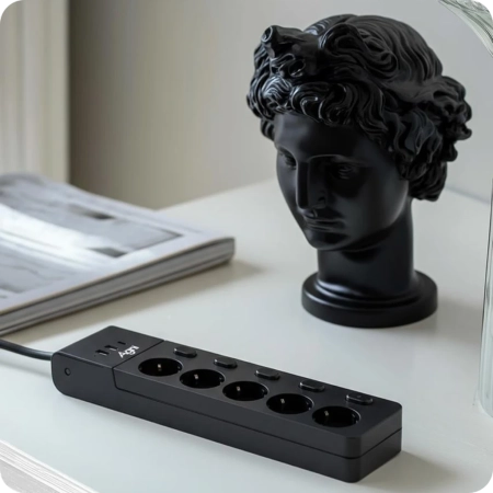 Сетевой фильтр плоский, 5 розеток, с выключателем для каждой розетки, 5 метров, 2 USB + 1 Type-C 20 Вт, чёрный TP-FI3U5E-C