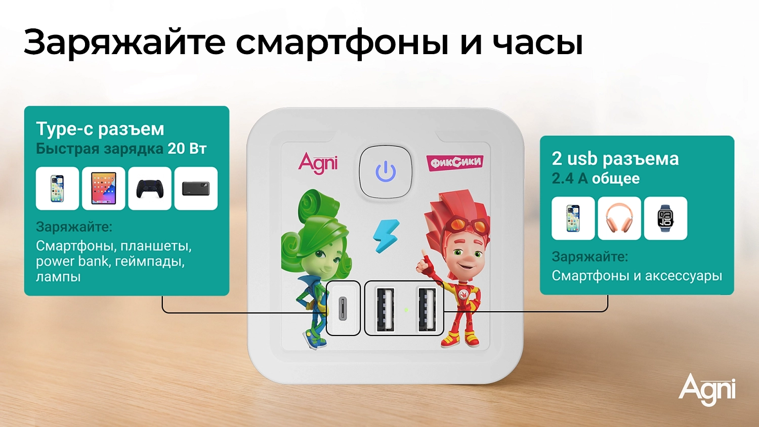 Разветвитель AGNI х Фиксики на 4 розетки, 2 USB + 1 Type-C 20 Вт, белый TP-WJ3U4E-C-FX