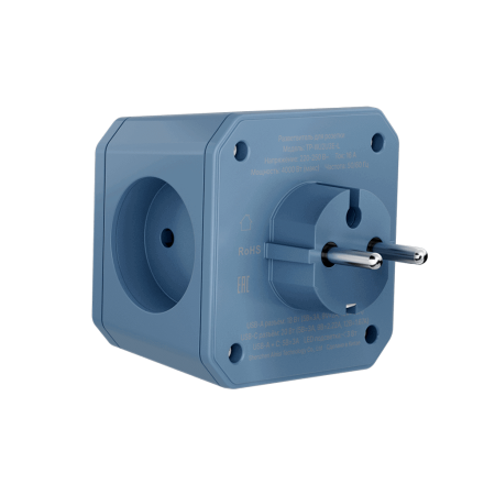 Разветвитель на 3 розетки, ночник, 1 USB 18 Вт + 1 Type-C 20 Вт, синий TP-WJ2U3E-L
