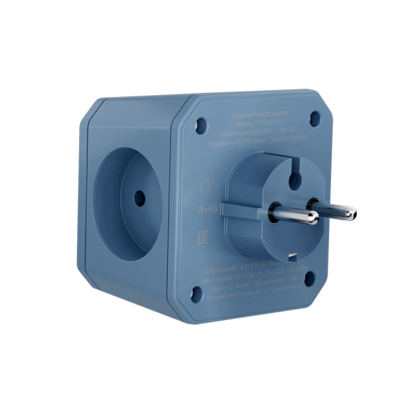 Разветвитель на 3 розетки, ночник, 1 USB 18 Вт + 1 Type-C 20 Вт, синий TP-WJ2U3E-L