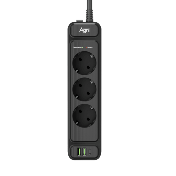 Сетевой фильтр плоский 3 розетки, 2 метра, 2 USB + 1 Type-C 20 Вт, чёрный TP-FS3U3E-PD