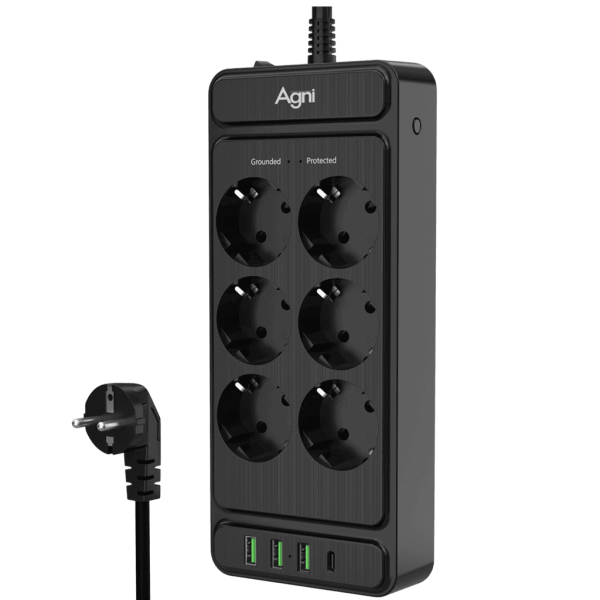 Сетевой фильтр плоский 6 розеток, 3 метра, 3 USB + 1 Type-C 20 Вт, чёрный TP-FS4U6E-C