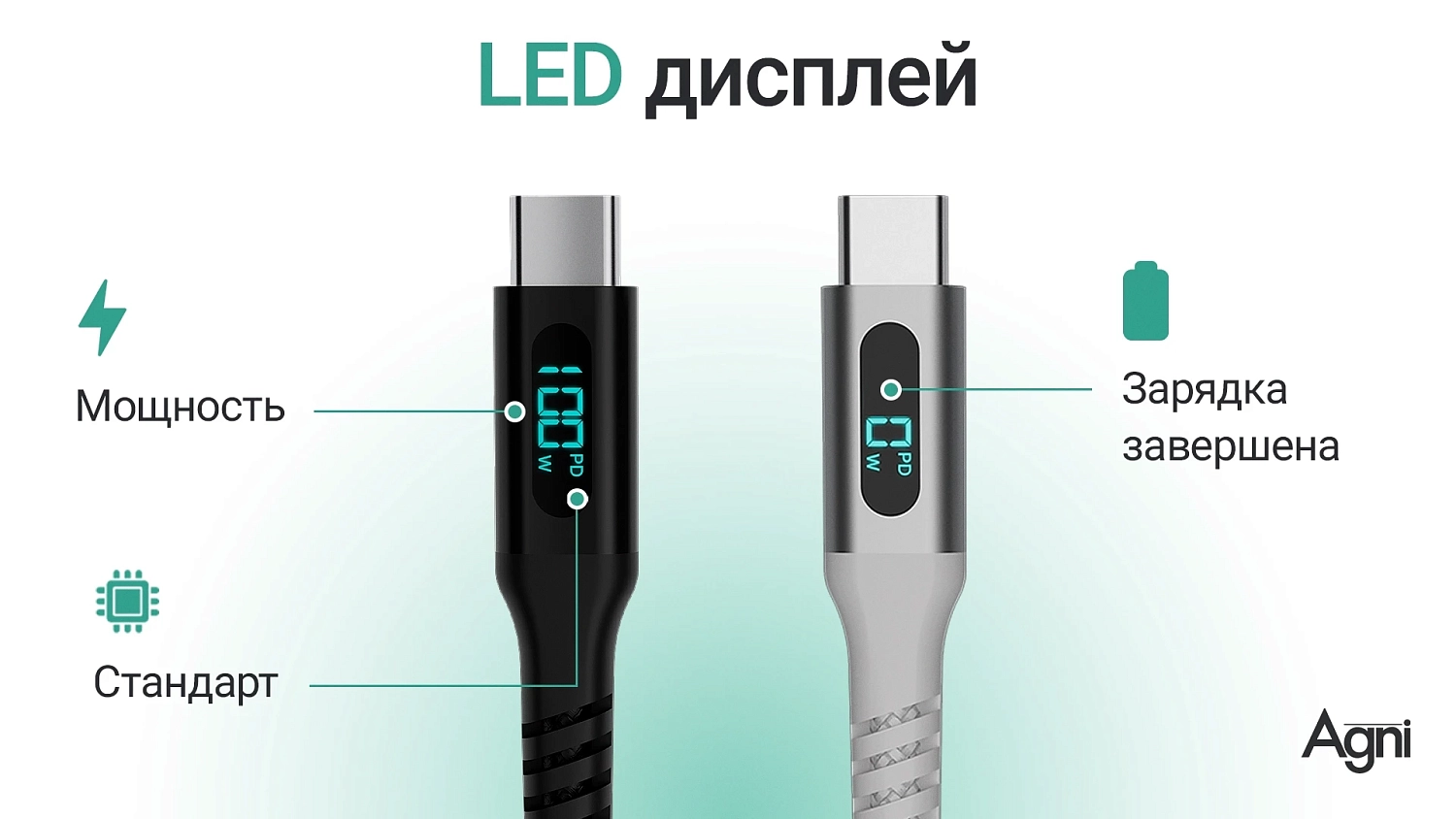 Кабель для зарядки Type-C-Type-C 100 Вт, LED дисплей, 1 метр, чёрный UC423-24-100W-CC-LED