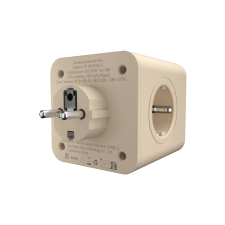 Разветвитель на 4 розетки, 2 USB + 1 Type-C 20 Вт, слоновая кость TP-WJ3U4E-C