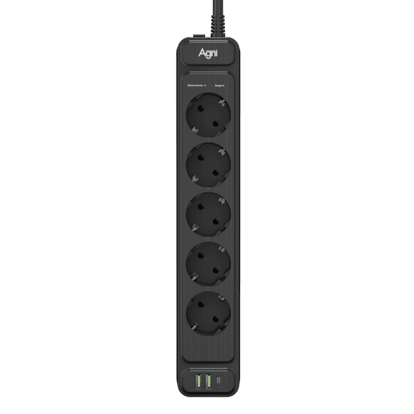 Сетевой фильтр плоский 5 розеток, 3 метра, 2 USB + 1 Type-C 20 Вт, чёрный TP-FS3U5E-PD