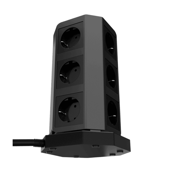 Сетевой фильтр башня 9 розеток, 2 метра, 4 USB + 1 Type-C 65 Вт, чёрный TP-VD5U9E-C