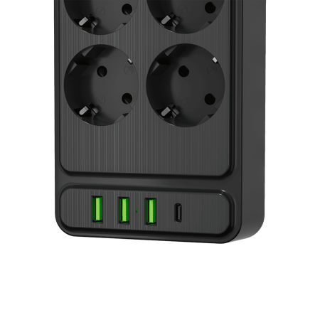 Сетевой фильтр плоский 8 розеток, 2 метра, 3 USB + 1 Type-C 20 Вт, чёрный TP-FS4U8E-PD