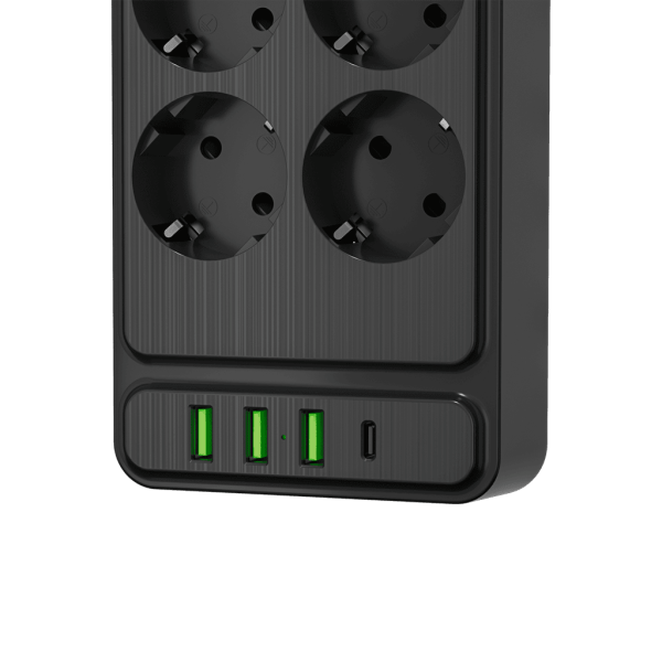Сетевой фильтр плоский 8 розеток, 5 метров, 3 USB + 1 Type-C 20 Вт, чёрный TP-FS4U8E-PD