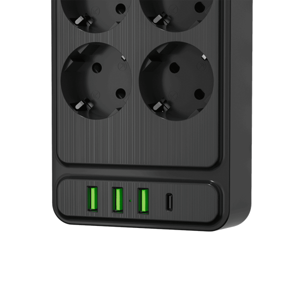Сетевой фильтр плоский 8 розеток, 5 метров, 3 USB + 1 Type-C 20 Вт, чёрный TP-FS4U8E-PD