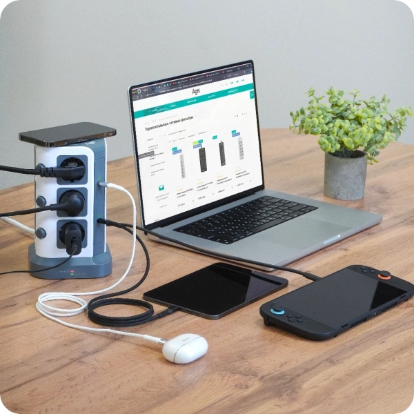 Сетевой фильтр башня 12 розеток, 2 метра, 3 USB + 2 Type-C 65 Вт, GaN, беспроводная зарядка, белый серый TP-VG6U12E-C-W