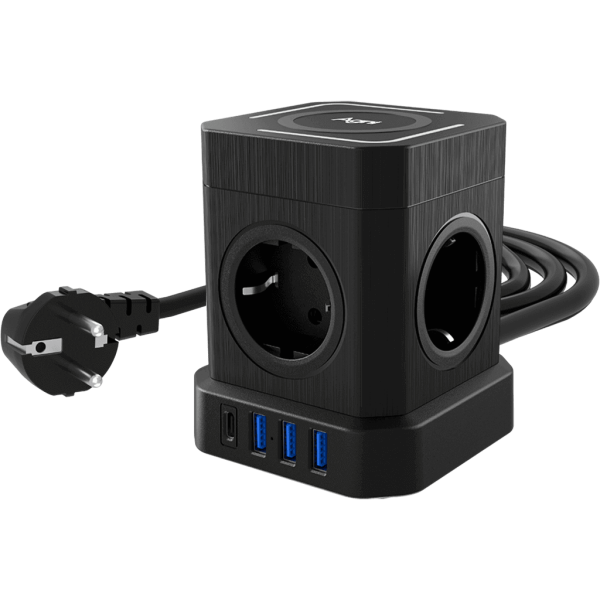 Сетевой фильтр башня 5 розеток, 2 метра, 3 USB + 1 Type-C 20 Вт, чёрный TP-VE4U5E-С