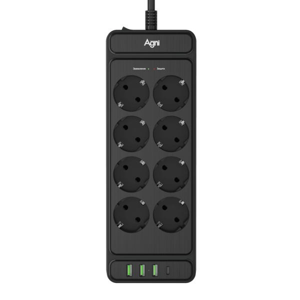 Сетевой фильтр плоский 8 розеток, 5 метров, 3 USB + 1 Type-C 20 Вт, чёрный TP-FS4U8E-PD