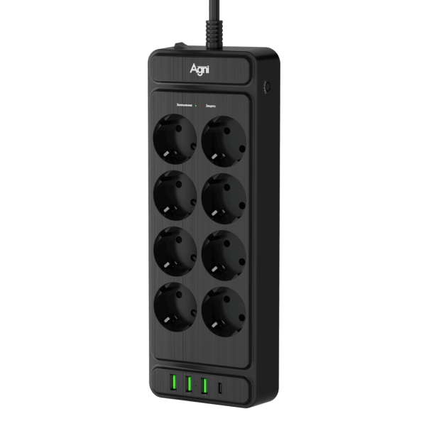 Сетевой фильтр плоский 8 розеток, 5 метров, 3 USB + 1 Type-C 20 Вт, чёрный TP-FS4U8E-PD