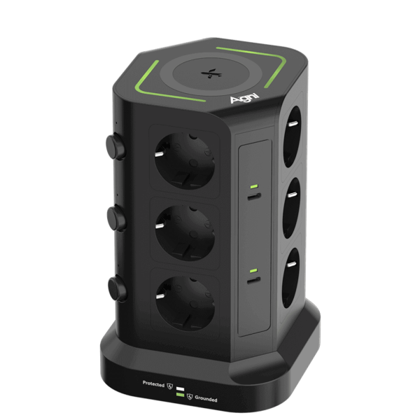 Сетевой фильтр башня 12 розеток, 2 метра, 3 USB + 2 Type-C 65 Вт, GaN, беспроводная зарядка, чёрный TP-VG6U12E-C-W