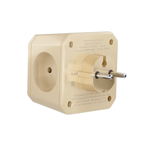 Разветвитель на 3 розетки, ночник, 1 USB 18 Вт + 1 Type-C 20 Вт, слоновая кость TP-WJ2U3E-L