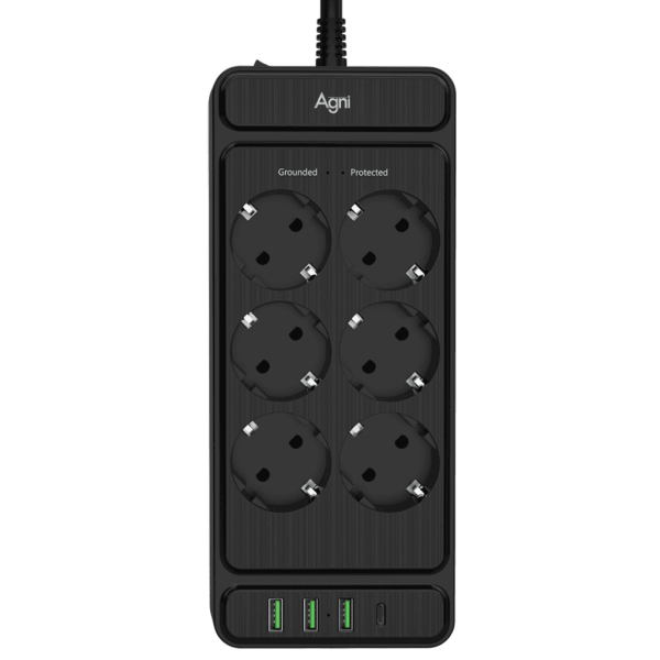 Сетевой фильтр плоский 6 розеток, 3 метра, 3 USB + 1 Type-C 20 Вт, чёрный TP-FS4U6E-C