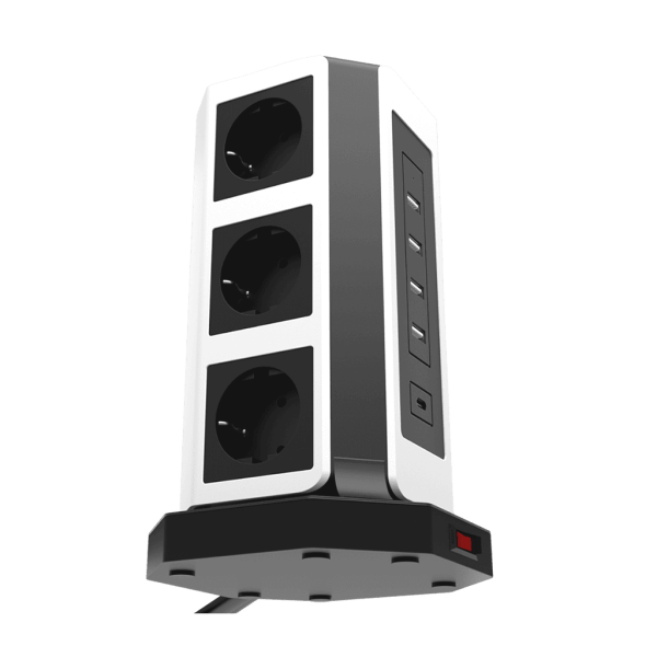 Сетевой фильтр башня 9 розеток, 2 метра, 4 USB + 1 Type-C 65 Вт, чёрный белый TP-VD5U9E-C
