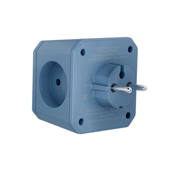 Разветвитель на 3 розетки, 1 USB 18 Вт + 1 Type-C 20 Вт, синий TP-WJ2U3E