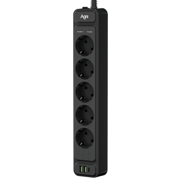 Сетевой фильтр плоский 5 розеток, 2 метра, 2 USB + 1 Type-C 20 Вт, чёрный TP-FS3U5E-PD