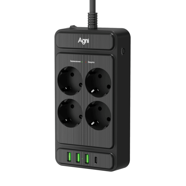 Сетевой фильтр плоский 4 розетки, 3 метра, 3 USB + 1 Type-C 20 Вт, чёрный TP-FS4U4E-PD