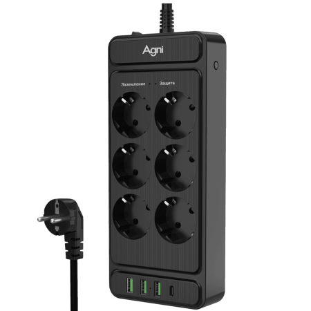 Сетевой фильтр плоский 6 розеток, 2 метра, 3 USB + 1 Type-C 20 Вт, чёрный TP-FS4U6E-C