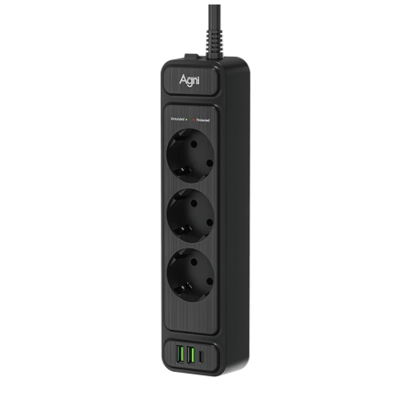 Сетевой фильтр плоский 3 розетки, 3 метра, 2 USB + 1 Type-C 20 Вт, чёрный TP-FS3U3E-PD