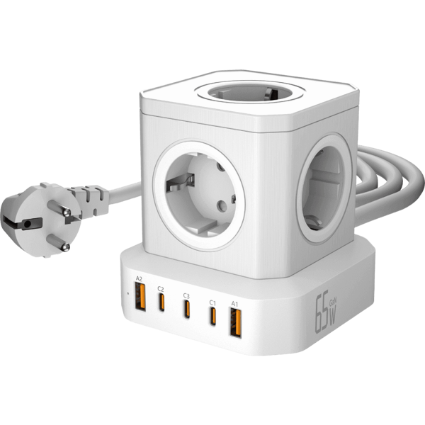 Сетевой фильтр башня 5 розеток, 2 метра, GaN зарядка, 2 USB +3 Type-C 65 Вт, белый TP-VE5U5E-С