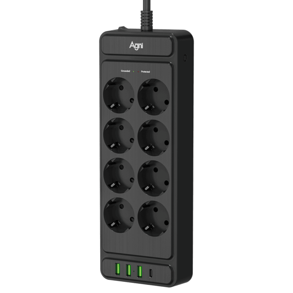 Сетевой фильтр плоский 8 розеток, 5 метров, 3 USB + 1 Type-C 20 Вт, чёрный TP-FS4U8E-PD