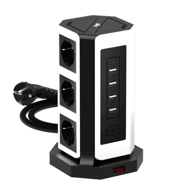 Сетевой фильтр башня 9 розеток, 2 метра, 4 USB + 1 Type-C 65 Вт, чёрный белый TP-VD5U9E-C